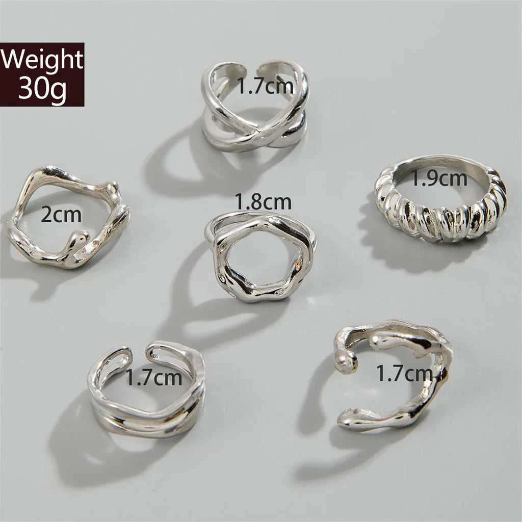 6Pcs/Set Silver Color Geometric Irregular Open Rings Set for Women Personality Metal Hollow Circular Rings Trendy Jewelry Gifts