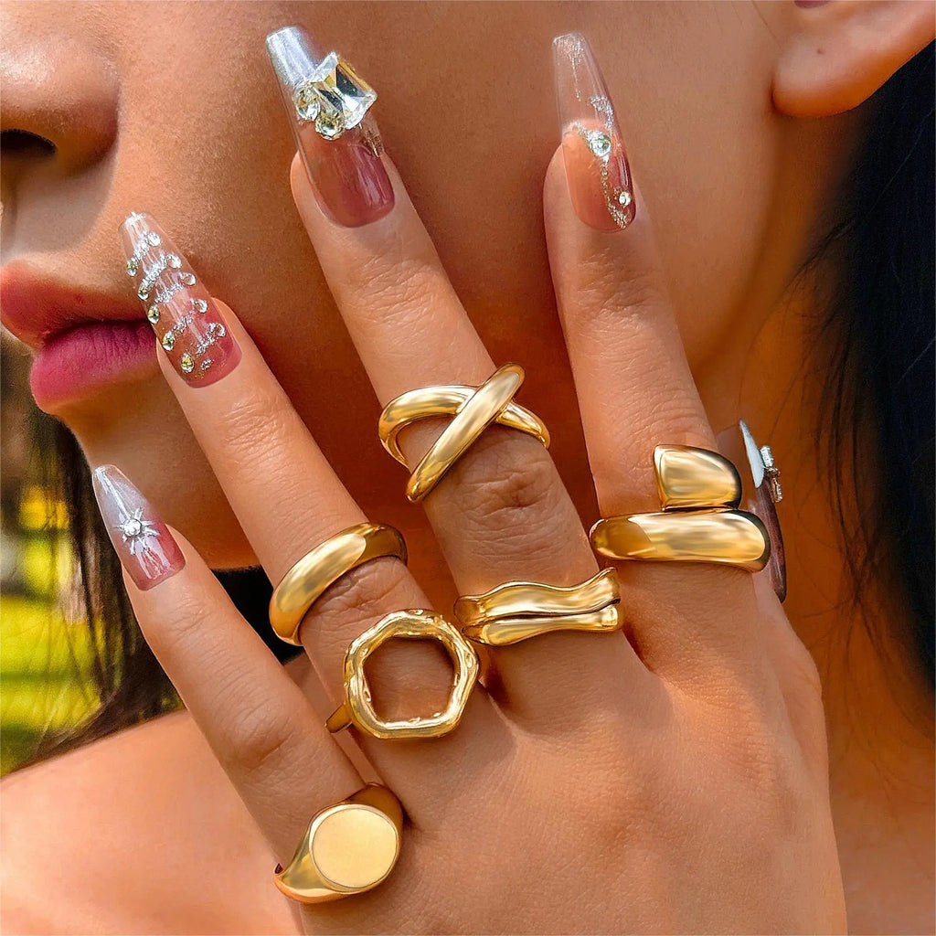 6Pcs/Set Silver Color Geometric Irregular Open Rings Set for Women Personality Metal Hollow Circular Rings Trendy Jewelry Gifts