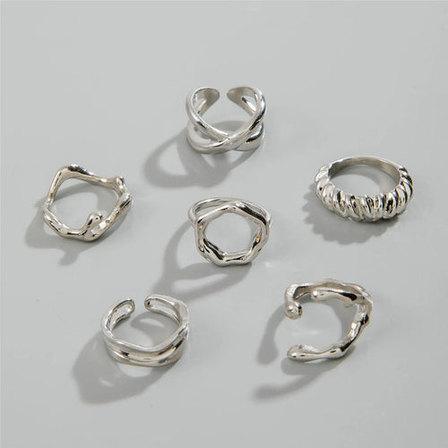 6Pcs/Set Silver Color Geometric Irregular Open Rings Set for Women Personality Metal Hollow Circular Rings Trendy Jewelry Gifts